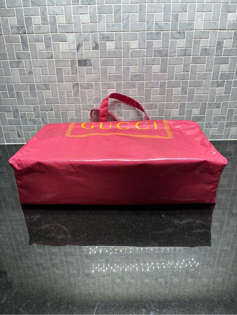 New Gucci Signature Pink Nylon Tote Shopper Bag Large Logo Italy NWT - Picture 5 of 11